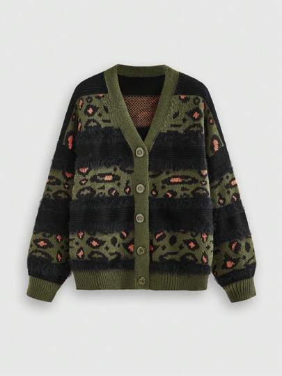 Fairycore Cardigan tricoté à imprimé léopard, col V, boutons devant, manches longues