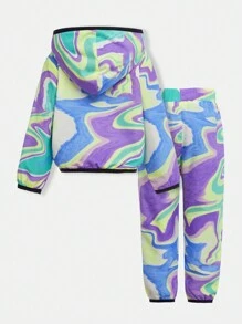 SHEIN Młoda dziewczyna swobodny jednolity kolor patchworkowy zamek błyskawiczny z przodu długi rękaw wiatrówka kurtka i spodnie garnitur - Wielokolorowe - Zobacz 2