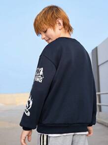 SHEIN Tween 男孩圆领长袖海军蓝运动健身骑行足球篮球跑步休闲图案印花字母羊毛运动衫，适合多种场景 - 藏蓝色 - 查看 2