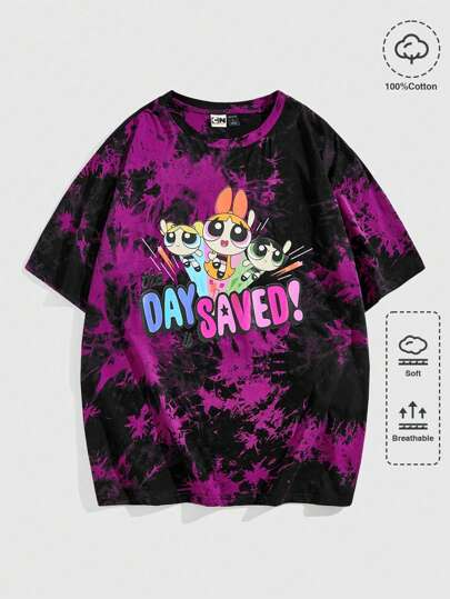 The Powerpuff Girls | ROMWE Herren Drop-Shoulder T-Shirt im Batik Look mit Cartoon und Buchstaben Grafik für Sommer, Schule