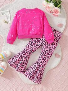 SHEIN 2 piezas Conjunto de sudadera con estampado digital de corazón y pantalones acampanados con cintura elástica para niña joven, primavera otoño