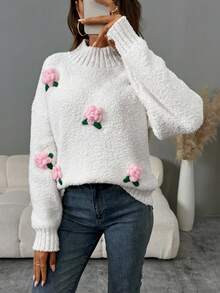 SHEIN LUNE 女士休闲浪漫 3D 花卉高领毛衣 - 米色 - 查看 7