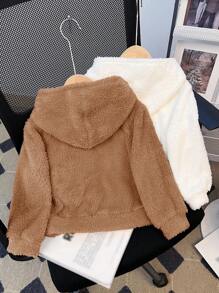 SHEIN Leap Crew 最便宜买 1 送 1 2 件/套全套年轻女孩全套纯色字母贴花毛绒泰迪连帽纯色（热粉色、米色）针织和羊毛保暖宽松休闲运动衫，秋季、冬季、学院风、返校 - 棕色 - 查看 8