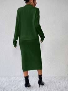 Bộ đồ dệt kim 2 món cổ tròn tay dài màu trơn kèm chân váy cho nữ - xanh quân đội - Xem 2