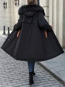 SHEIN LUNE Plus Size Winter Clothes Warm Color Block Zip-Up Drawstring Hooded Padded Padded Coat - Black - View 2