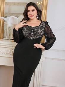 Modelyn Plus Size Solid Color Lace Patchwork Sweetheart Neck Elegant Long Sleeve Dress Long Evening Dresses - Black - View 3