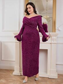Modelyn Plus Size Elegant Glitter Flare Sleeve Fitted Long Dress, Autumn - Purple - View 4