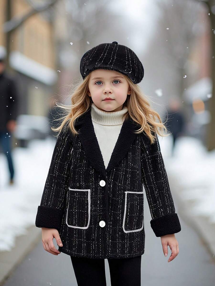 SHEIN 年轻女孩针织翻领长袖格子蓬松衬里外套，优雅时尚，适合秋冬季 - 黑色 - 查看 1