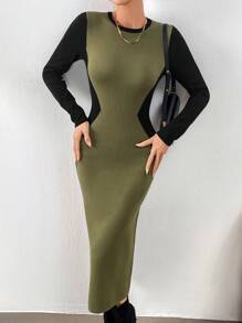 Mulvari 1 pieza Vestido de punto ajustado con bloque de color y empalmes para mujer, estilo urbano para el otoño/invierno