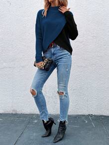 SHEIN LUNE Áo len nữ kiểu dáng thường ngày, phối màu tương phản, vạt áo bất đối xứng, thích hợp mặc hàng ngày vào mùa thu đông. - Nhiều màu - Xem 6