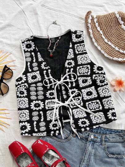 Soleia Women's Vacation Tie Front Flare Sleeve V-Neck Mesh Leopard Print Knit Top