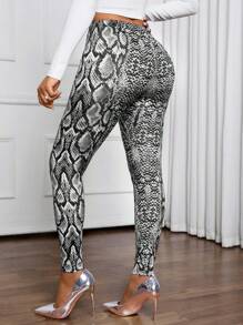 SHEIN Lady 四季打底裤 蛇纹女式打底裤 优雅修身长款女士打底裤 - 黑色 - 查看 2