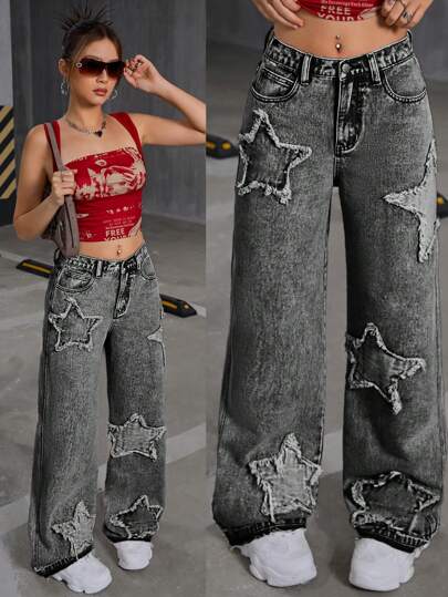 SHEIN Teen Girl Y2K Fashion Stone-Washed Frayed Hem Star Embellishments Decor Straight Leg Jeans, Fall Clothes Back To School Streetwear