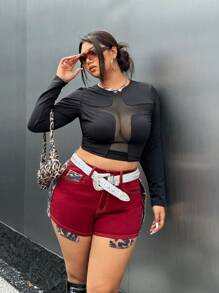 SHEIN ICON Red Plus Size Denim Shorts Leopard Print Shorts Y2K Outfit