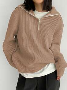 DAZY Áo len chui đầu cổ tròn màu trơn có khóa kéo cho nữ, mùa thu/đông - Lạc đà - Xem 2