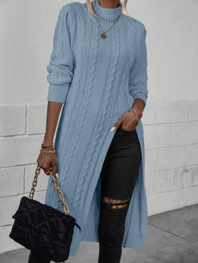 EMERY ROSE Women's Plain Stand Collar Long Sleeve Split Hem Casual Long Sweater Pullover, Autumn/Winter Knit Pullover Fall