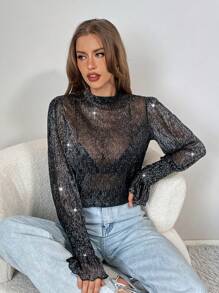 SHEIN Essnce Sexy Long Sleeve Tops Sexy Black Top Women's Autumn Fashionable Glittering See-Through Puff Sleeve T-Shirt