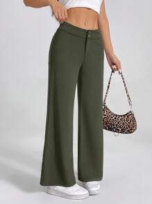 SHEIN PETITE Quần ống đứng loe cạp cao màu trơn - Màu xanh Ô liu - Xem 7