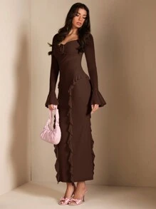 SHEIN BAE Váy trang trí hoa 3D xếp nếp thanh lịch, thích hợp cho những buổi hẹn hò bình thường, tụ họp, tiệc tùng, mùa thu - Cà phê nâu - Xem 6