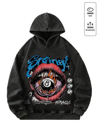 Street Life Herren Vintage gewaschener Streetwear Graphic Muster Hoodie