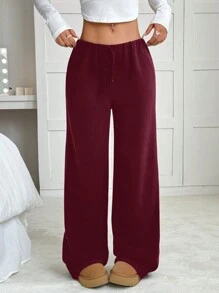 SHEIN EZwear 女士纯色前系带休闲毛绒衬里长裤 - 酒紅色 - 查看 5