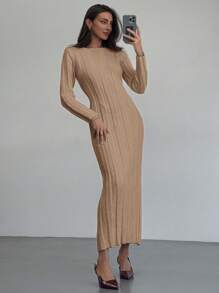 Aloruh 新款圆领长款针织连衣裙，舒适保暖的内搭或单穿，百搭休闲通勤连衣裙