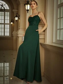 Eilly Bazar Váy dự tiệc sequin cami tương phản thanh lịch, trang trọng, dự tiệc cưới bán trang trọng, sinh nhật, tốt nghiệp, dạ hội - Màu xanh lá cây đậm - Xem 3