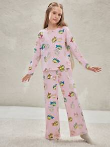 TEENAGE MUTANT NINJA TURTLES | SHEIN Tween Girl Cartoon Print Flame Retardant Knitted Crew Neck Long Sleeve Pajamas Set
