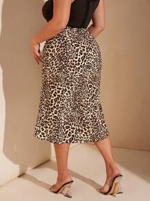 SHEIN BAE Plus Size Fall Elegant Sexy Sweet Woman Brown Leopard Print Full Pattern Print Drawstring Pleated High Slit Fishtail Midi Skirt Street Skirt Commuter Skirt Hollowed Costumes Thanksgiving Women Outfit Sexy Women Outfits Long Women Skirts