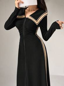 Heiryn Women's Color Block Trim Zip Front Long Sleeve Dress - Black - View 3