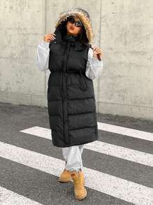 SHEIN EZwear Plus Size Hooded Contrast Fuzzy Trim Sleeveless Padded Vest, Winter Women Clothes