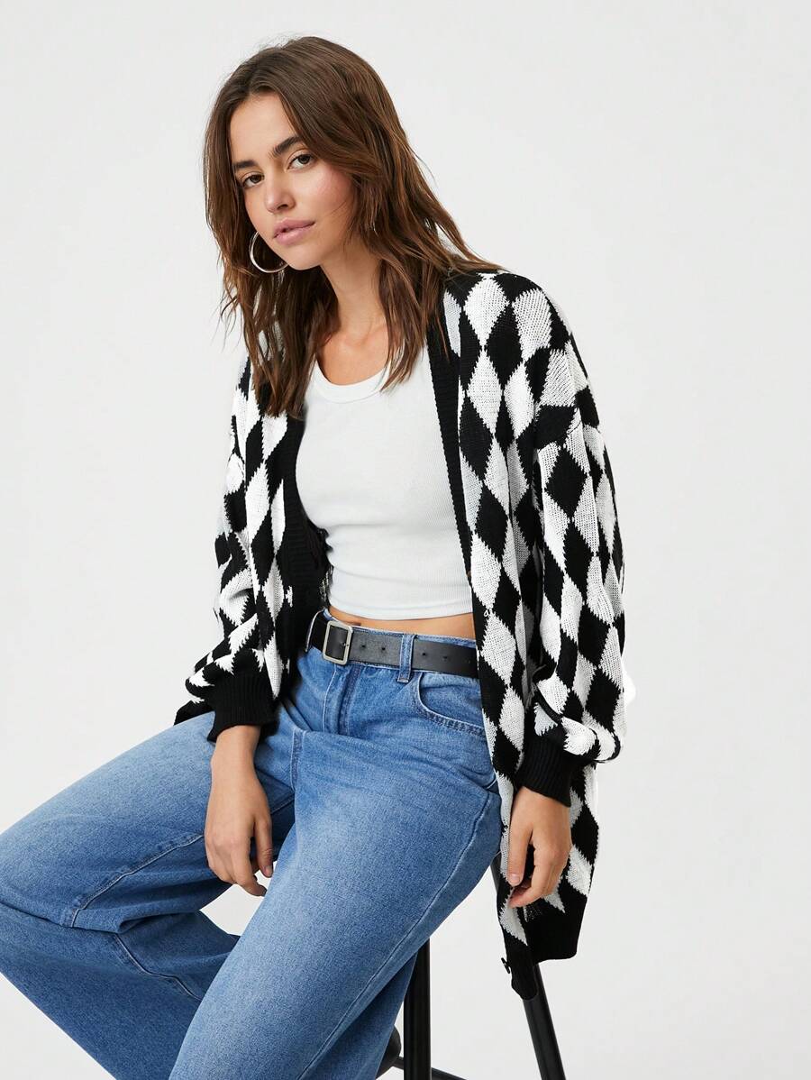 SHEIN EZwear Áo khoác cardigan dáng rộng tay đèn lồng đính sequin cho nữ, thích hợp mặc dự tiệc và mặc ở nhà, mùa thu/đông - trắng - Xem 1