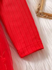 Glamorique Kids Baby Girl Christmas Red Contrast Mesh Ribbed Knit Bow Decor Elegant Dress - Red - View 3