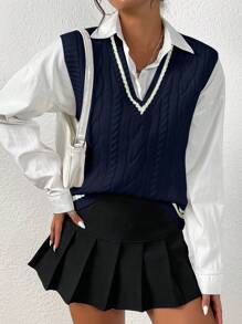 Chiquease Chaleco de punto holgado con borde contrastante y tirantes anchos, para mujer, para el otoño - azul real - Ver 3