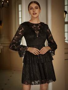 Eilly Bazar Ruffle Trim Flounce Sleeve Lace Party Dress - Black - View 3