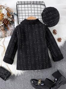 SHEIN 年轻女孩针织翻领长袖格子蓬松衬里外套，优雅时尚，适合秋冬季 - 黑色 - 查看 2