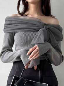 FRIFUL 女式露肩纯色网眼撞色毛衣，秋季 - 灰色 - 查看 1