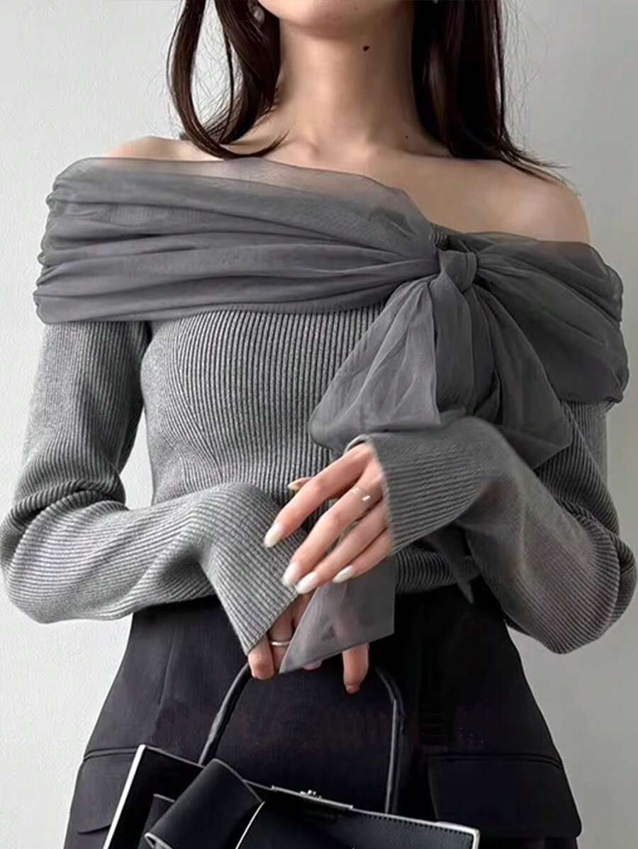 FRIFUL 女式露肩纯色网眼撞色毛衣，秋季 - 灰色 - 查看 1