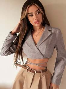 SHEIN ICON 1 件女式秋季服装翻领长袖纯色系带西装外套，秋季 - 卡其色 - 查看 5