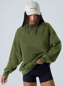 LYSMO Áo nỉ dài tay cổ tròn màu trơn thường ngày cho nữ - xanh quân đội - Xem 1