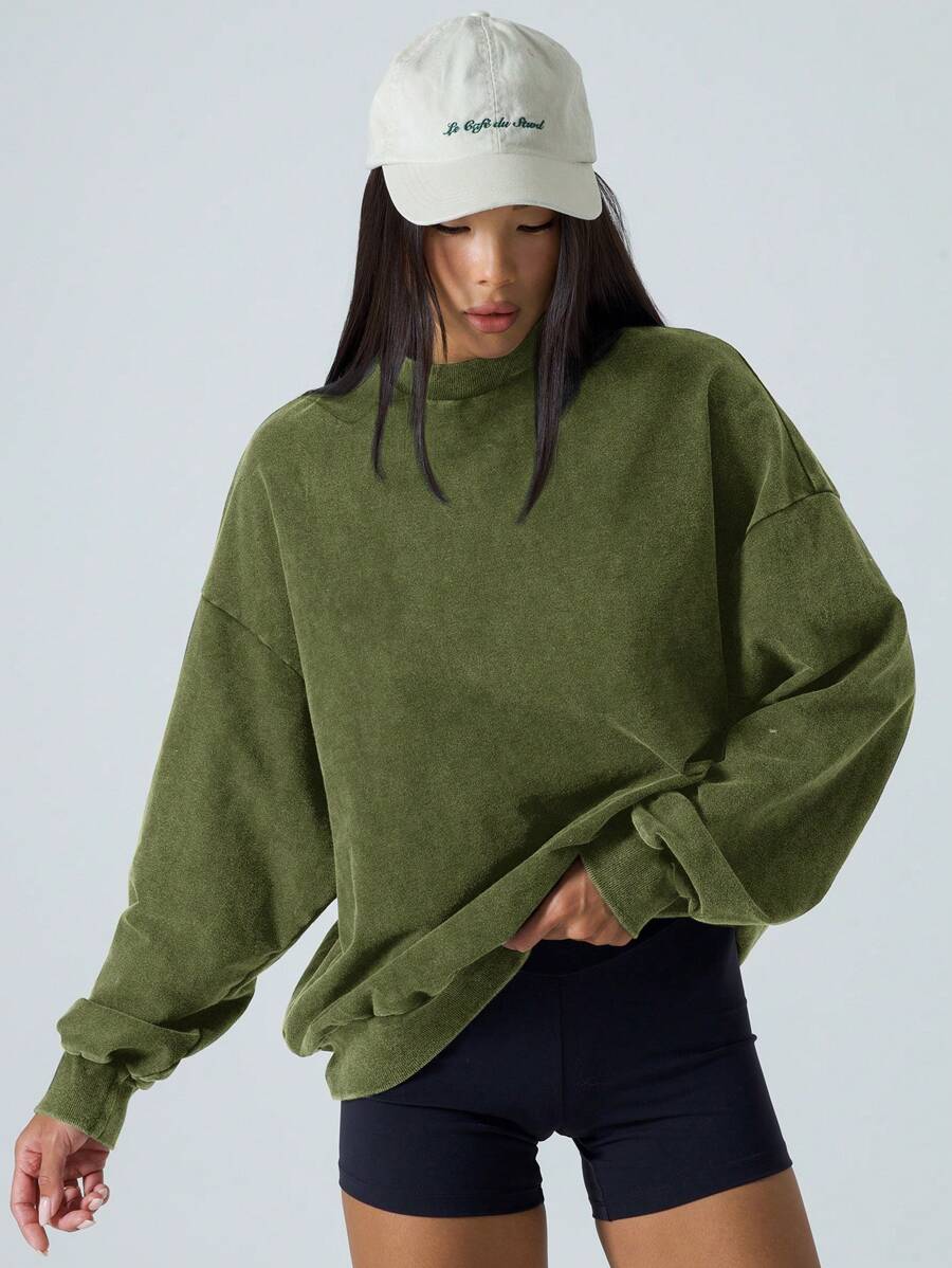 LYSMO Áo nỉ dài tay cổ tròn màu trơn thường ngày cho nữ - xanh quân đội - Xem 1