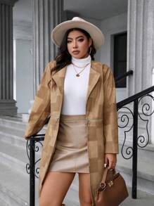 Calvaya Plus Size Women Spring Autumn Long Sleeve Casual Patchwork Zip Up Jacket - Brown - View 6