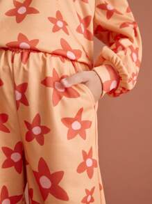 SHEIN Tween Girls Yellow Floral Print Elastic Waist Pockets Casual Loose Fit Everyday Pants, Autumn/Winter