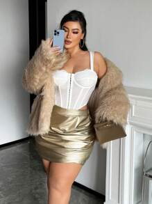 SHEIN Frenchy Minifalda ajustado con pliegues metálicos de talla grande, adecuada para fiestas