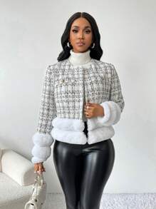 SHEIN Lady 白色长裤小香风外套毛绒踝部拼接优雅精致女士大衣