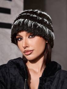 SHEIN ICON 1 件装 女士街头可爱毛绒拼色/拼接针织无檐便帽 适合休闲穿着 - 彩色 - 查看 2