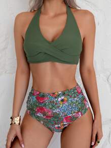 SHEIN Swim 1 套女士纯色交叉吊带比基尼上衣和花卉印花三角比基尼套装适合度假/海滩夏季 - 彩色 - 查看 3