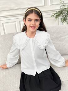 SHEIN Tween Girl Contrast Eyelet Embroidery Statement Collar Lantern Sleeve Blouse - White - View 3