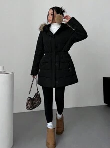 SHEIN EZwear Women's New Solid Color Long Sleeve Hooded Casual Down& Feathers Jacket With Pockets And Fluffy Trim - Black - View 5