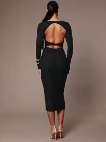 Silquee Robe noire élégante et confortable en tricot stretch, avec un design de dos nu torsadé, convenant pour les sorties et les déplacements quotidiens. Tenue parfaite pour les fêtes d'automne et d'hiver, comme Thanksgiving, Noël et le Nouvel An - Noir - Voir 5